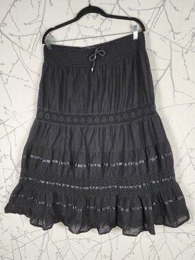 Coupe Black Cotton Lace Trim Flowy Tiered Maxi Skirt
